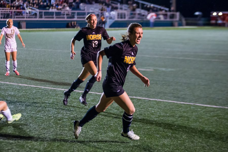 Shawna Zaken (8) reacts after scoring a goal during the quarter final game of the Horizon League Tournament Against Wright State. The Norse defeated Wright State 3-1 and will advance to the Semi-Final game in Milwaukee.