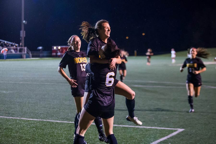 Shawna Zaken (8) reacts after scoring a goal during the quarter final game of the Horizon League Tournament Against Wright State. The Norse defeated Wright State 3-1 and will advance to the Semi-Final game in Milwaukee.