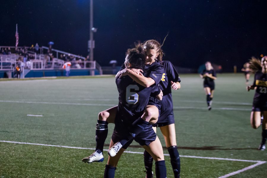 Shawna Zaken (8) reacts after scoring a goal during the quarter final game of the Horizon League Tournament Against Wright State. The Norse defeated Wright State 3-1 and will advance to the Semi-Final game in Milwaukee.