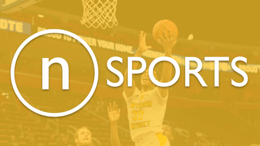 Stock image of Dantez Walton going for a layup. In the foreground of the image is The Northerner logo followed by sports.