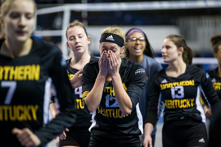 Laura Crawford (12) reacts after the conclusion of the the game against Michigan. The Norse fell in the first round of the NCAA tournament 3-0 against Michigan in Lexington.