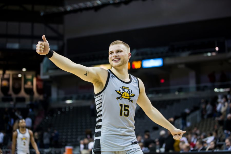 Tyler Sharpe (15) smiles while walking off the court after the win against Youngstown State. Sharpe surpassed his 1000th career point and had 33 points on the game.