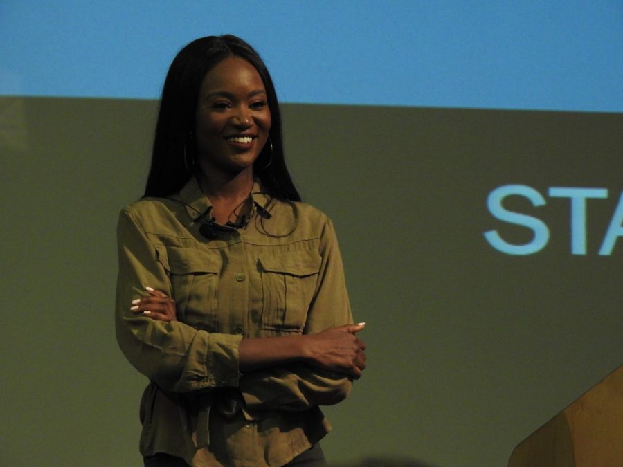 Deshauna Barber answers a question from the audience.