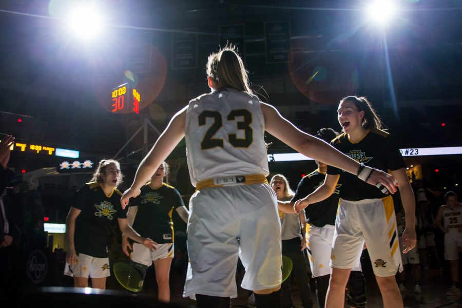 Kailey Coffey (23) is introduced before the game against UIC. The Norse defeated UIC 78 to 35.