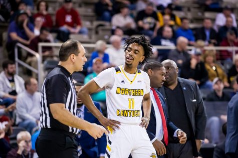 Jalen Tate (11) argues with a referee about a call during the final game of the Horizon League Tournament against UIC. The Norse defeated UIC 71-62 and have now secured a spot in the NCAA Tournament.