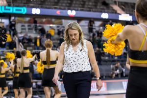 Womens basketball Head Coach Camryn Whitaker-Volz following a Horizon League semifinal loss in 2020.