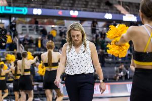 Women's basketball Head Coach Camryn Whitaker-Volz following a Horizon League semifinal loss in 2020.