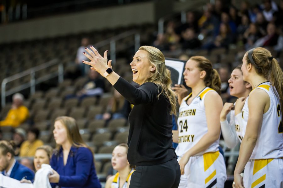 Womens Basketball Head Coach Camryn Whitaker reacts after a Norse point during the quarter final game of the Horizon League Tournament against Milwaukee. 