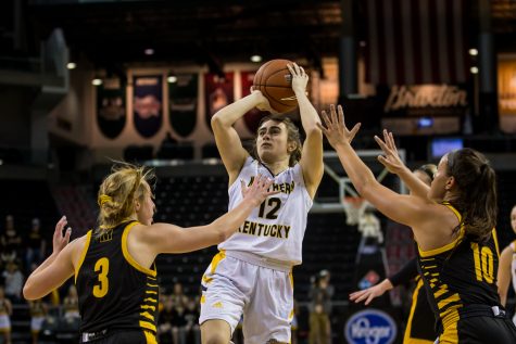 Carissa Garcia (12)  goes up for a shot during the quarter final game of the Horizon League Tournament against Milwaukee. The Norse defeated Milwaukee 78-58 on Thursday night.