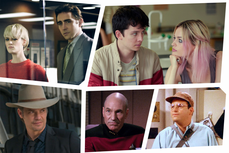 From left to right, top to bottom: Screencaps from Halt and Catch Fire, Sex Education, Justified, Star Trek: The Next Generation and Seinfeld.