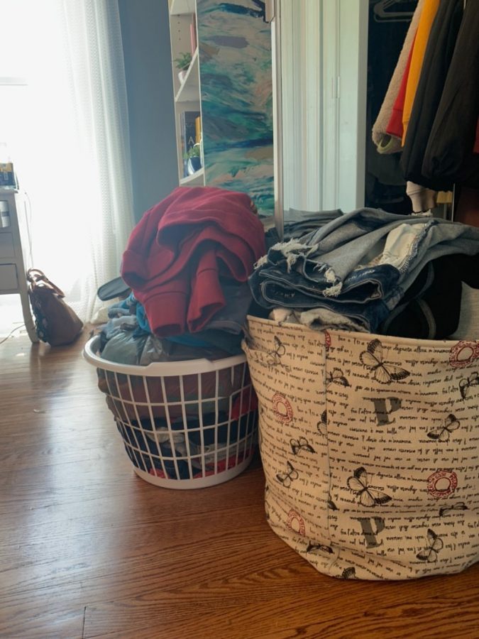 Bins of clothes Gillum donated to Goodwill during quarantine.