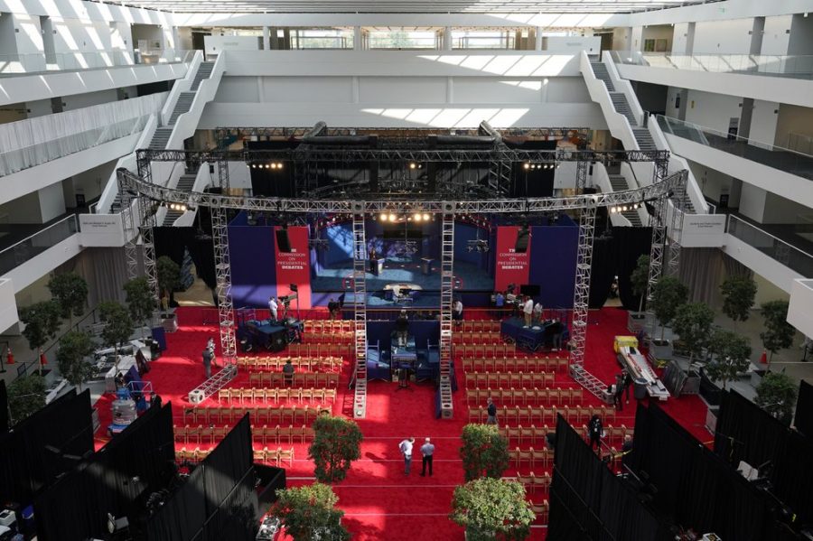 Preparations take place for the first Presidential debate in the Sheila and Eric Samson Pavilion, Monday, Sept. 28, 2020, in Cleveland.