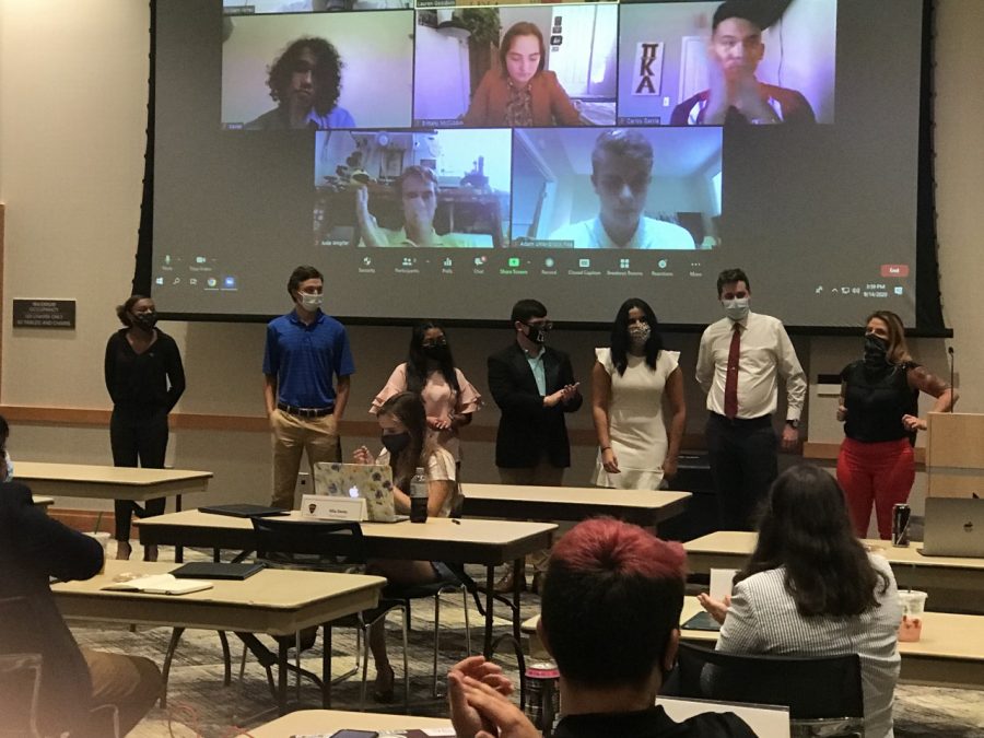 Seven NKU students were sworn in as new SGA senators. From right to left: Mia Potter, Landon Meador, Karla Arango, James Jimmy Renton, Wendi Cantero, Tanner Stevenson and Kaitlin Minniefield.