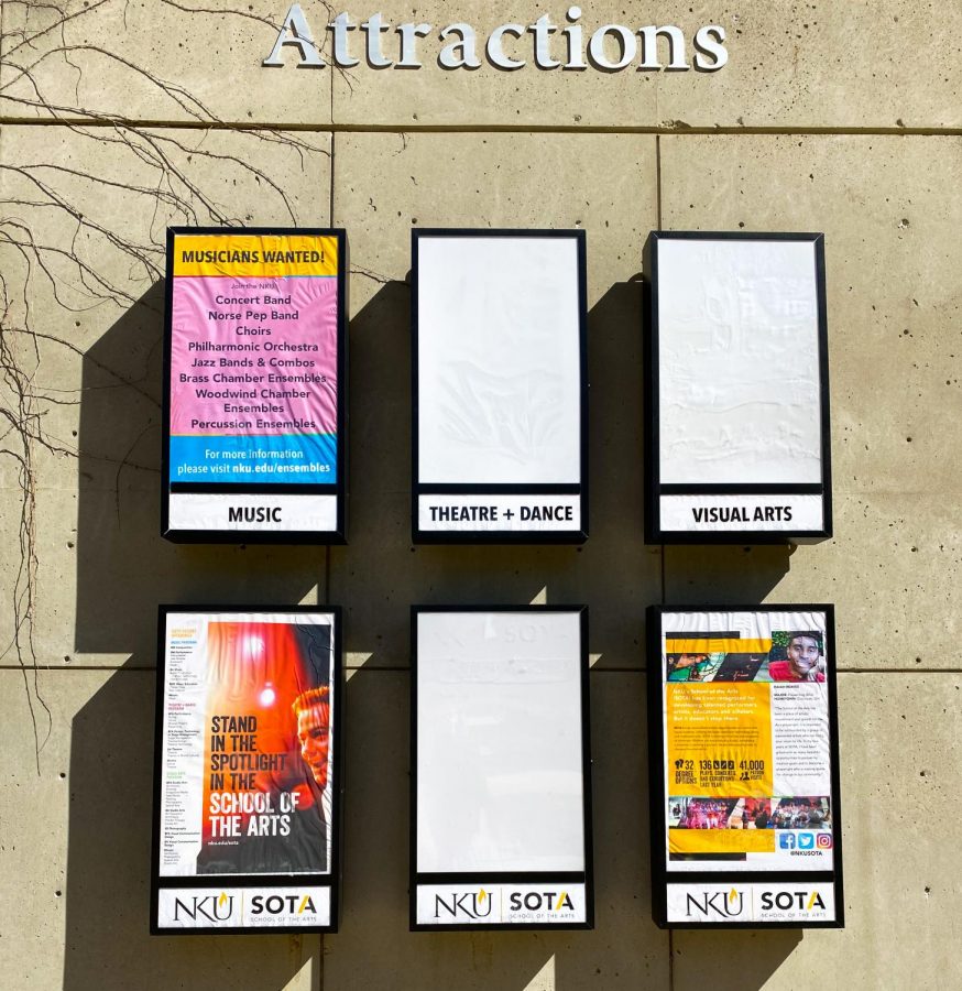 The Theatre and Dance “Attractions” board outside SOTA, which usually displays the semester’s upcoming events, is vacant.