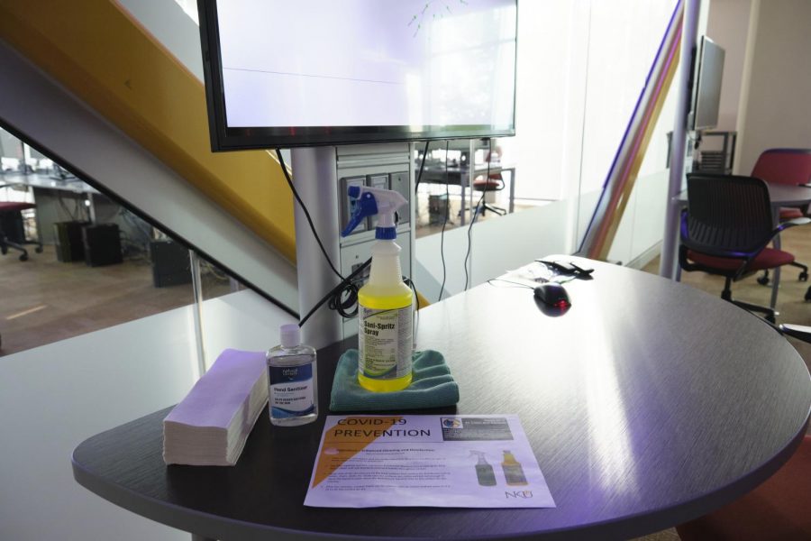 Hand sanitizer and cleaning spray in the JRG Cyber Threat Intelligence Laboratory located in Griffin Hall.