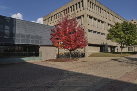 Outside the Student Union during fall.