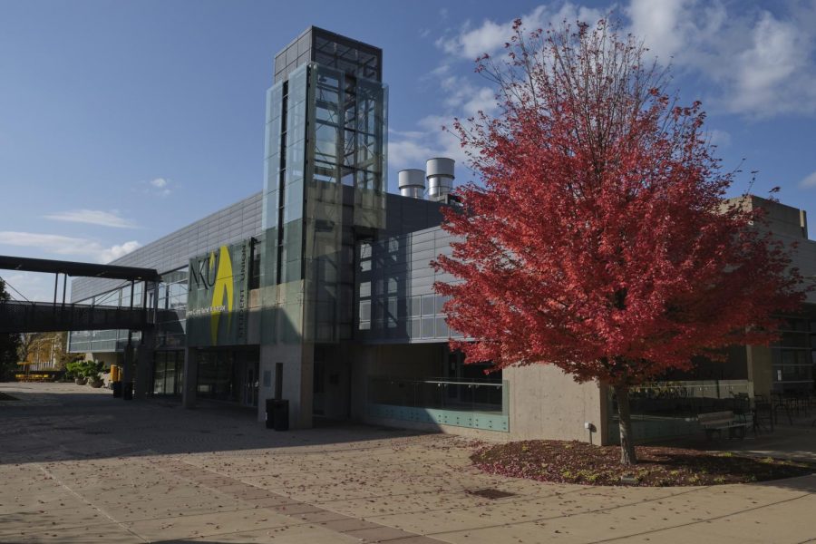 Outside the Student Union during fall.