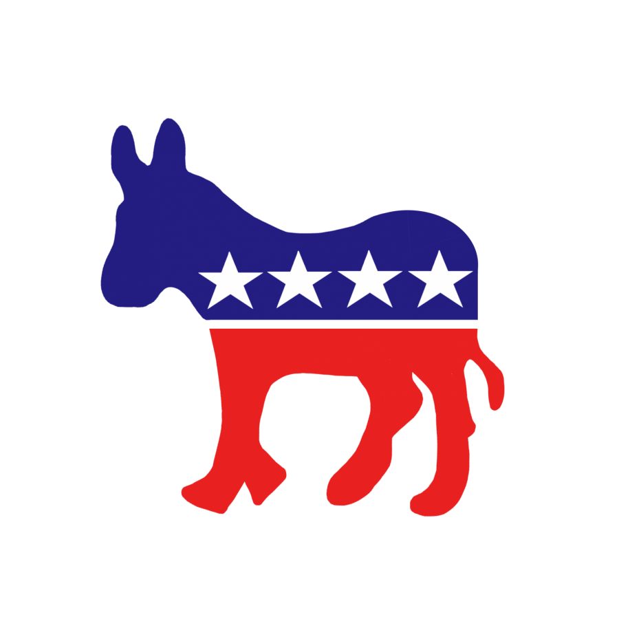 The Democratic Partys animal, a donkey. Colored in red and blue.