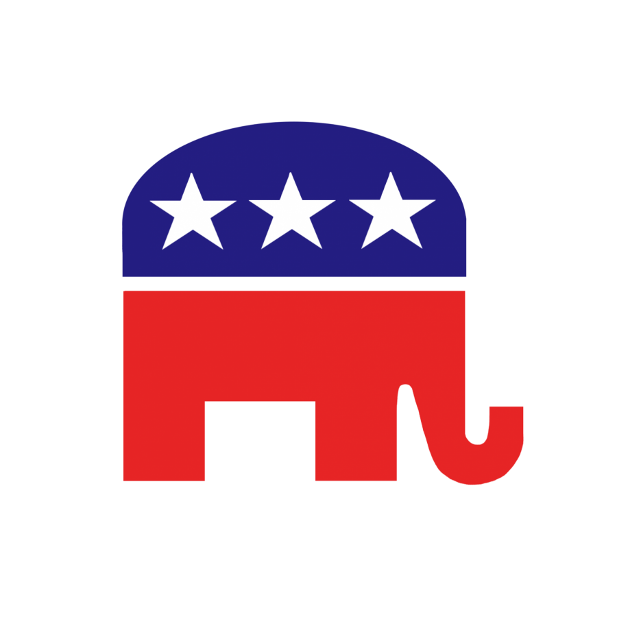 An elephant, the Republican Partys animal, is colored in red and blue.