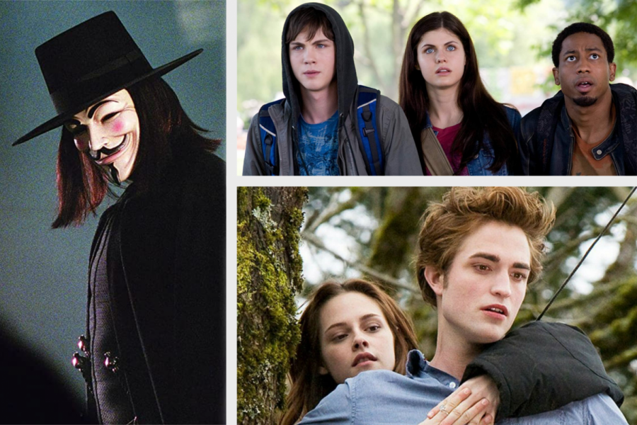 (Left) V for Vendetta, (Top) Percy Jackson, (Bottom) Twilight.