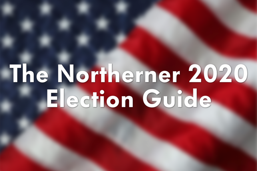 An American flag with white text over it that says "The Northerner 2020 Election Guide."