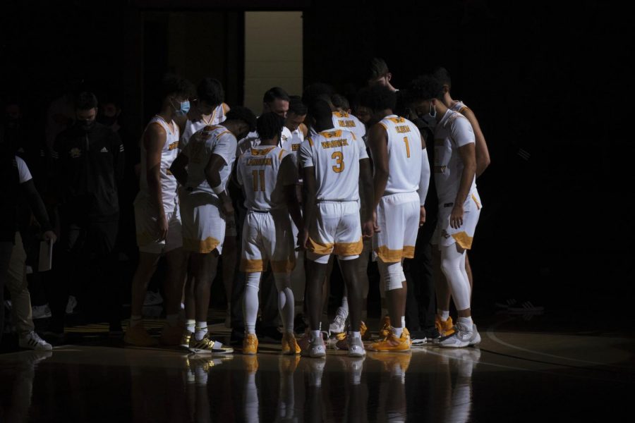 The Norse huddle before their game against Tennessee Tech. NKU would go on to win 74-65.