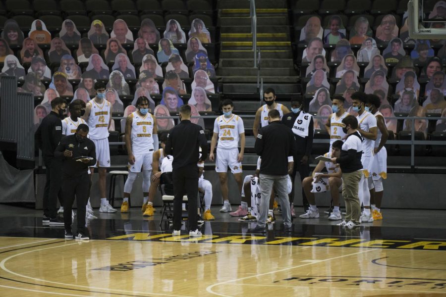 The Norse huddle during a timeout in Thursday's game against Tennessee Tech.