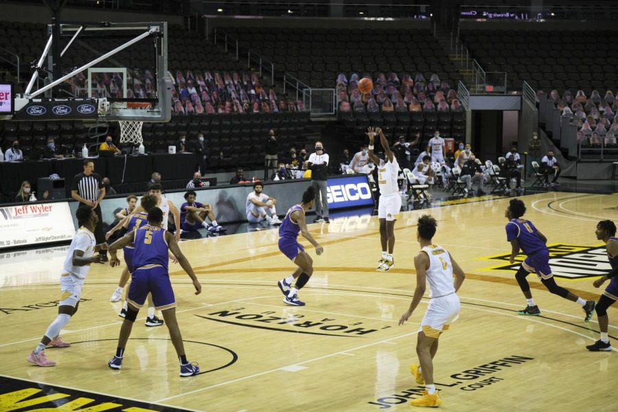 Trevon Faulkner (12) shoots a jump shot from the perimeter against Tennessee Tech. He would finish with 14 points.