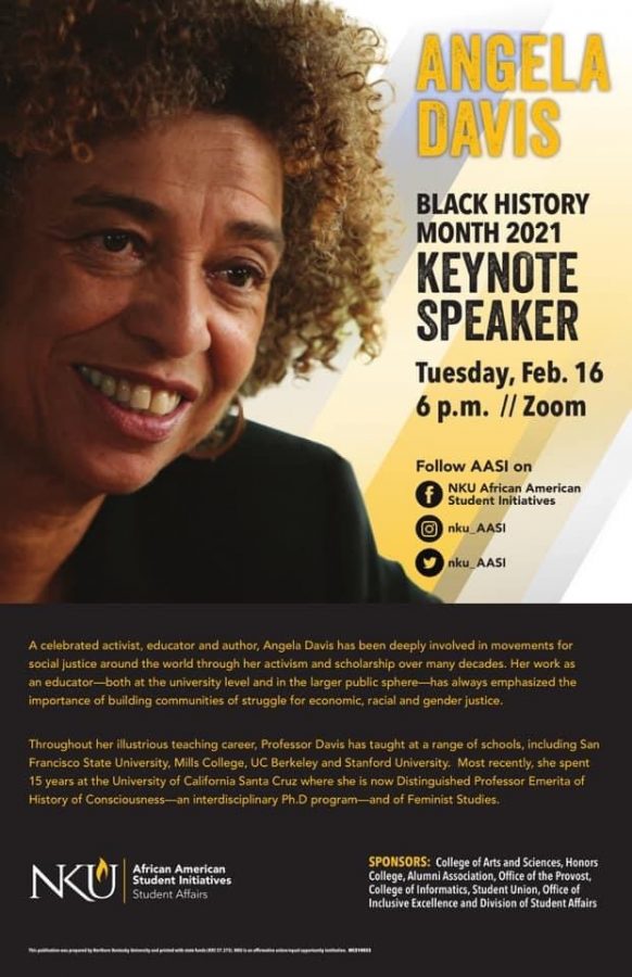 Poster with Angela Davis' photo and a description of the upcoming event.