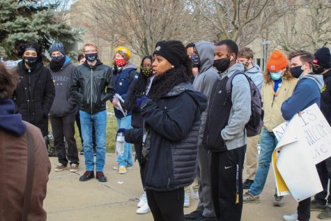 Amira Bryant speaks to the crowd during the protest.