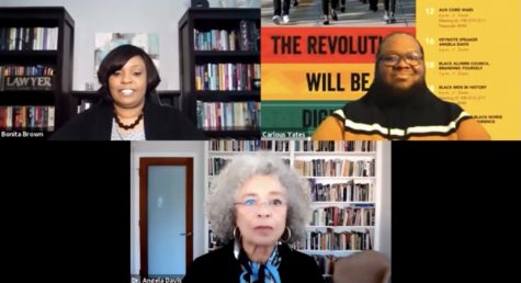 Bonita Brown (top left) and Carlous Yates (top right) introduce Dr. Angela Davis.