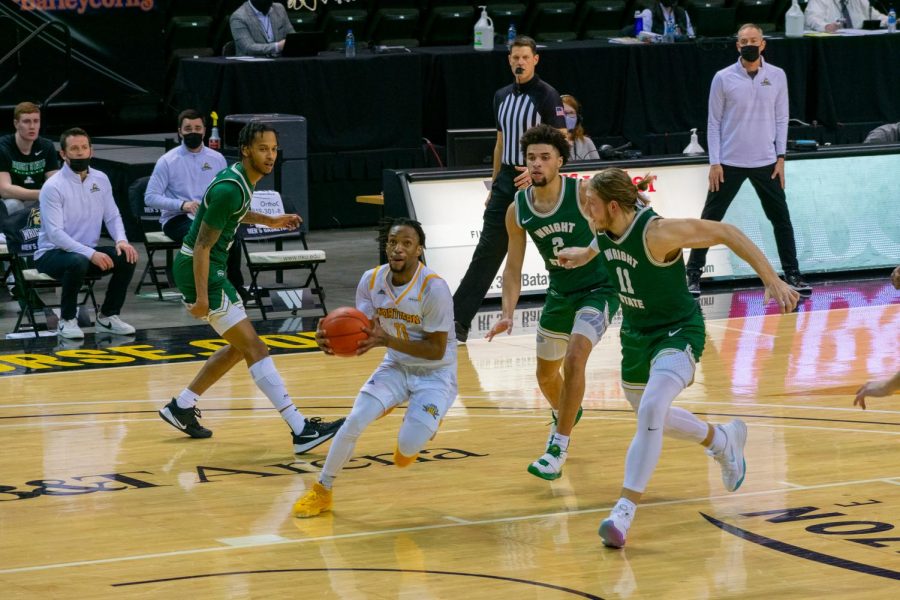 Bryson Langdon drives to the hoop during NKUs win over Wright State on Friday night at BB&T Arena.