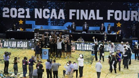 Members of the Baylor mens basketball team celebrate a National Championship game win over Gonzaga on Monday, April 5. The Bears won the 2021 championship over the Bulldogs, 86-70.