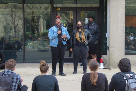President and Vice President of R.O.C.K.S. Zachary "D.C." Day-Carter (left) and Jaelynn Gentry (right) address the crowd in front of Lucas Administration Center.
