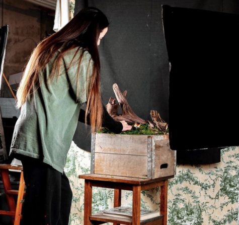 ART 317 student Kaila Hicks brings greenery inside to practice studio photography.