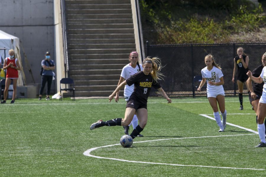 Kailey Ivins with the ball against Wright State on Monday. Ivins scored the go-ahead goal on her Senior Day in the 2-0 victory.