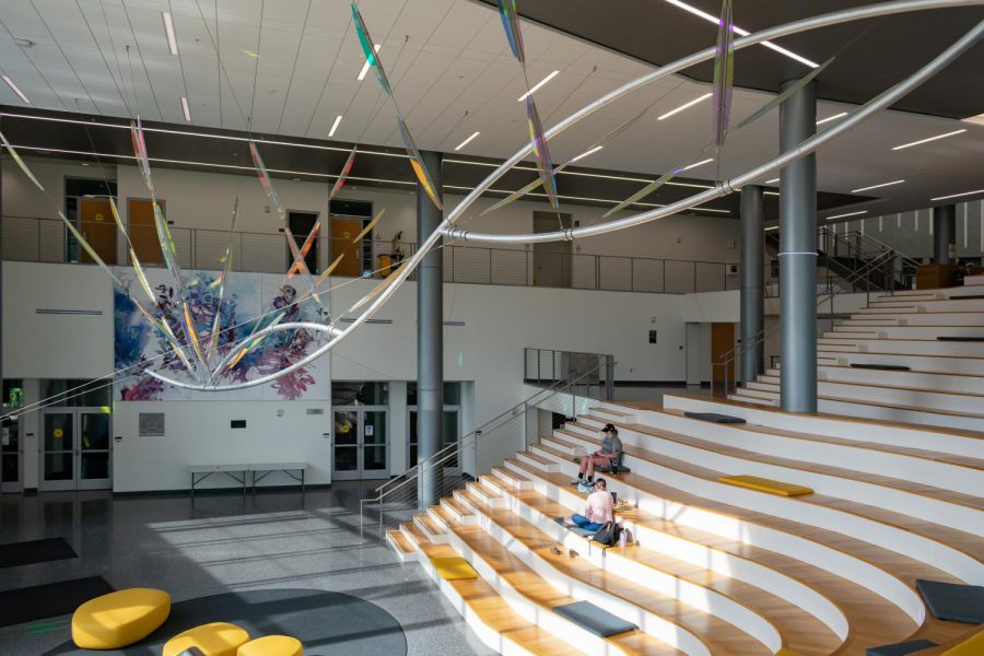 Students sitting on the steps inside the HIC.