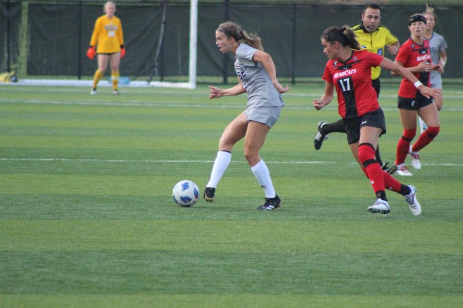 NKU forward Annie Greene dribbles the ball during NKUs 2-1 loss to Cincinnati on Thursday. Greene scored the lone goal for the Norse on a penalty kick.