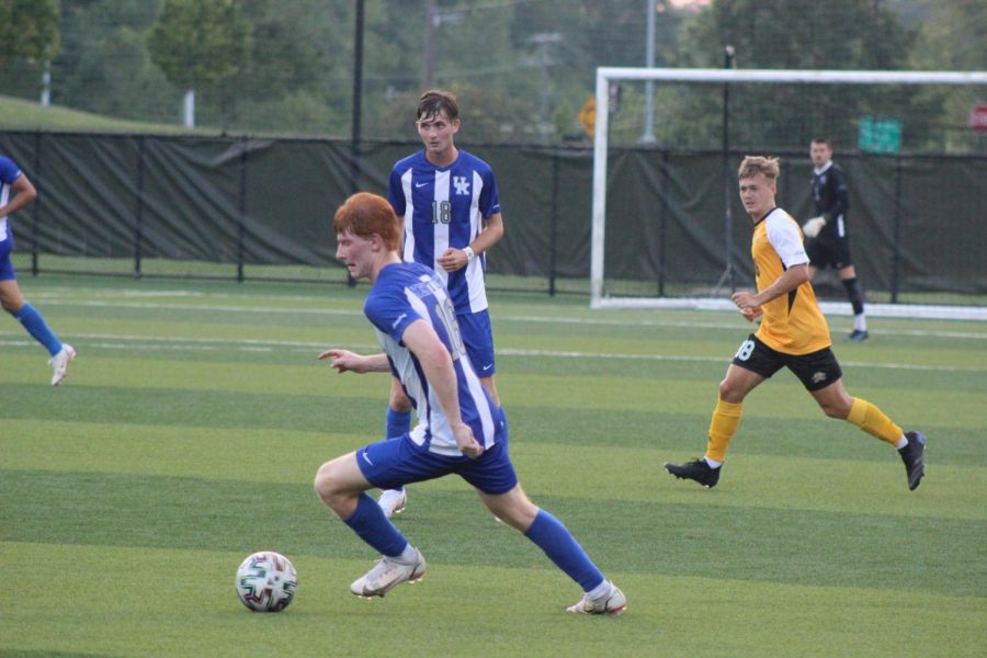 A Kentucky player dribbles the ball toward the middle of the field during Kentuckys 2-0 win over the Norse on Friday.