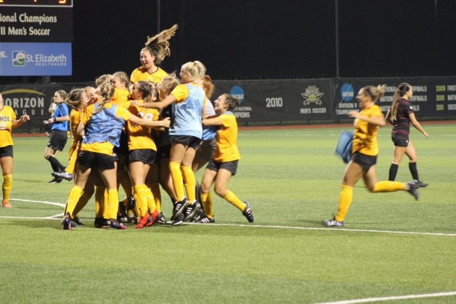 NKU players celebrate the golden goal by Chloe Mills during the Norse 2-1 win over Eastern Kentucky at NKU Soccer Stadium on Sunday.