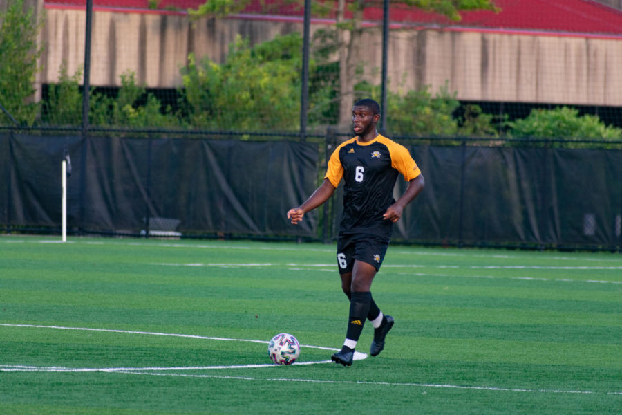 NKU defender Samuel Nwosu (6) dribbles the ball during NKUs 3-0 win over Centre College on Saturday. 