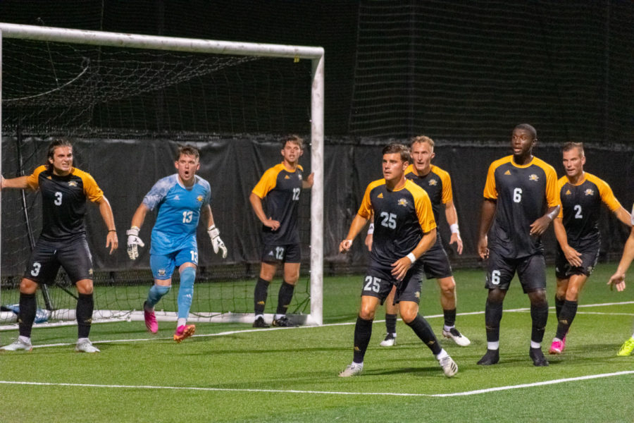 NKU men's soccer players get organized in the box during the Norse 3-0 win over Centre.