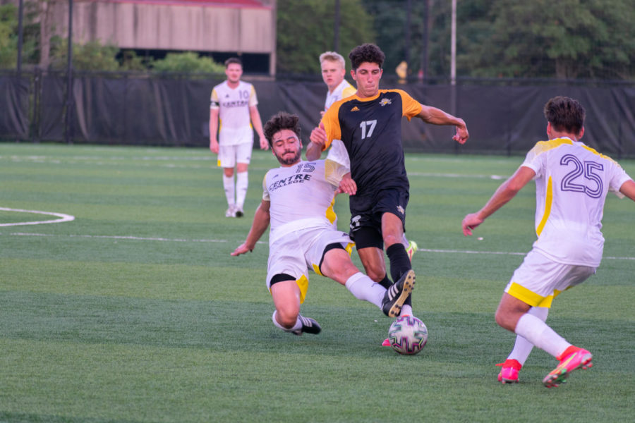 NKU forward Sam Robinson (17) battles with Centre's Nafiz Budeiri during the Norse 3-0 on Saturday.