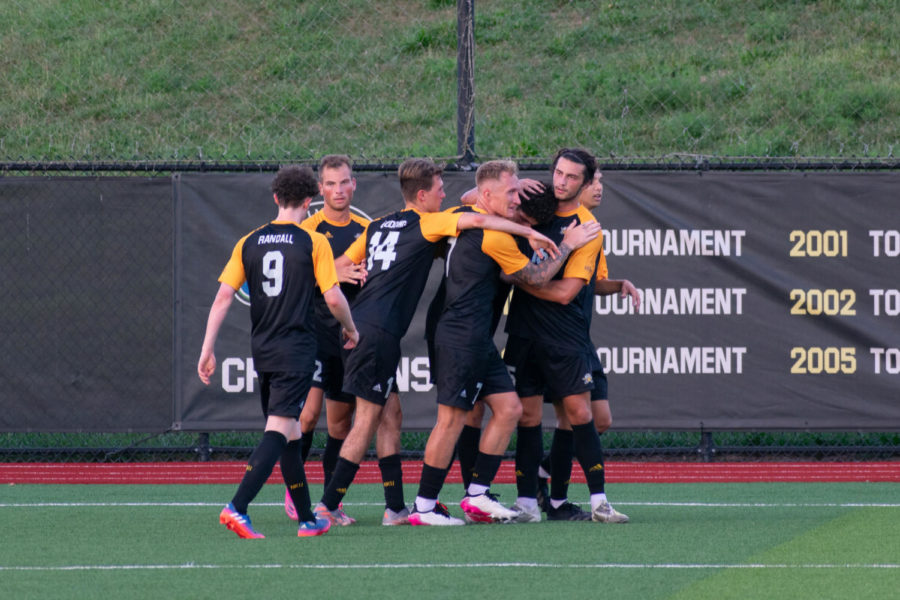 NKU players celebrate a goal during the Norse 3-0 win over Centre on Saturday at NKU Soccer Stadium.