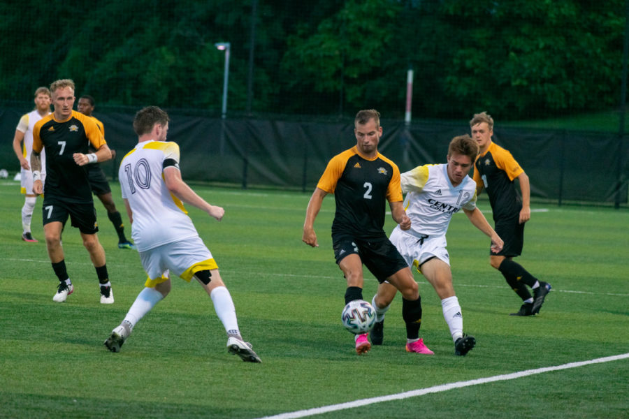 NKU defender Sam Slocum (2) dribbles near the sideline during NKUs win over Centre on Saturday. 