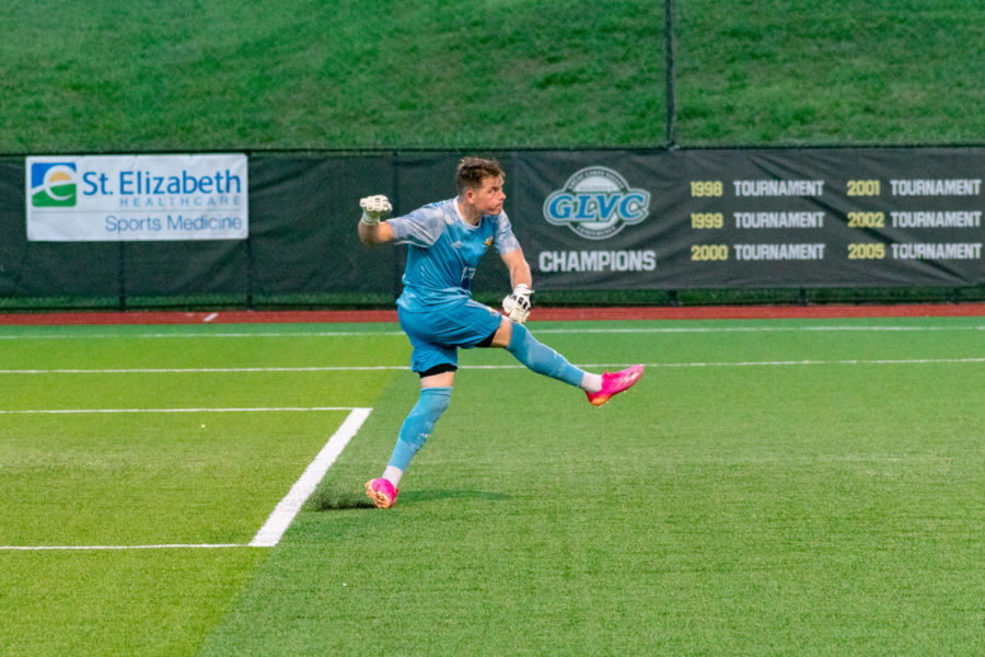 NKU goalkeeper Daniel Bermingham sends the ball toward midfield during NKUs win over Centre on Saturday. 