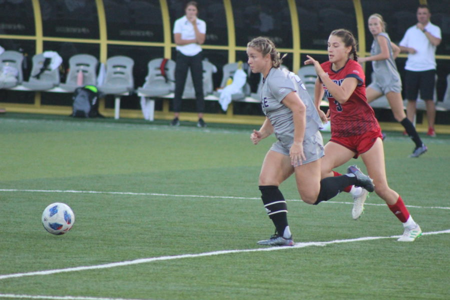 NKU midfielder Ashleigh Cronin (5) goes for the ball during NKUs 1-0 win on Thursday night.