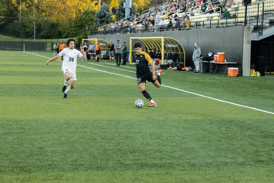 NKU forward Sam Robinson (17) dribbles the ball during NKUs loss to Wright State on Saturday.