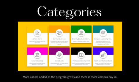 Eight different event categories to earn Victor E. Coins, including athletic events, community service, diversity, equity and inclusion, complete leadership uni, general meetings, social events, professional development and health and wellness events.