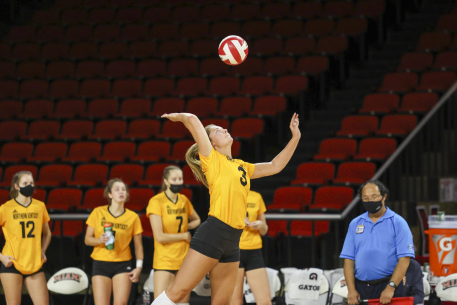 Anna Brinkmann (3) during a previous match for NKU. Brinkmann leads the Norse in kills in 2021, and is second in digs.